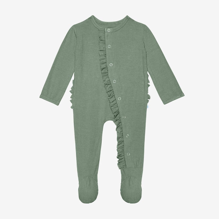 Dark Sage Ribbed Footie Ruffled Snap One Piece