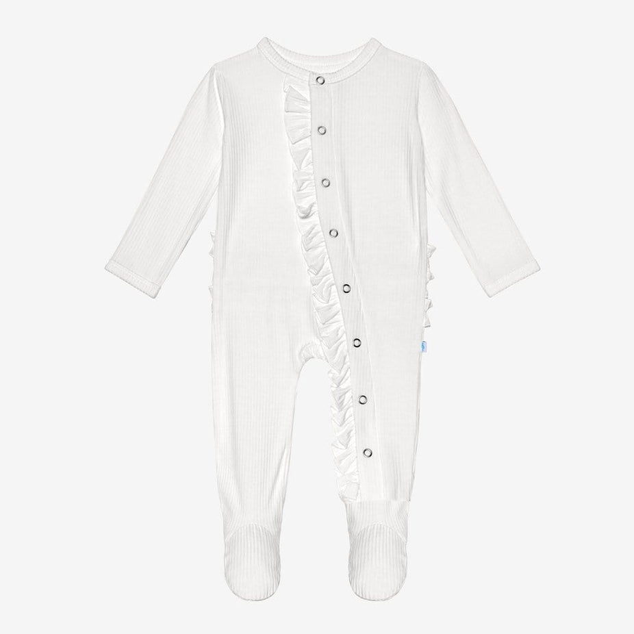 Off White Ribbed Footie Ruffled Snap One Piece