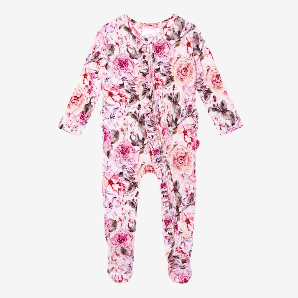 Elise Floral Footie Ruffled Zippered One Piece