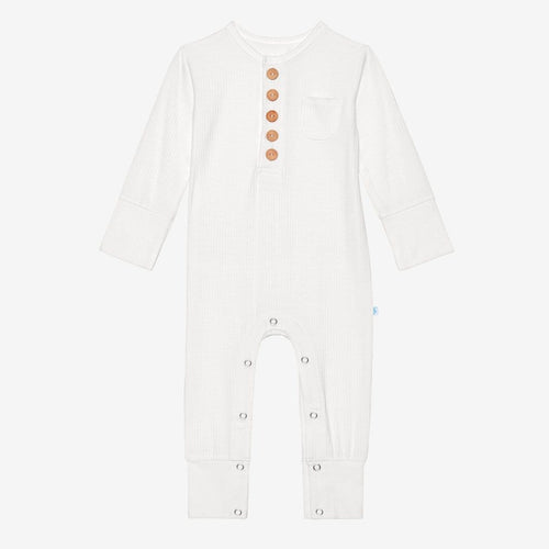 Off White Ribbed Ruffled Henley Romper