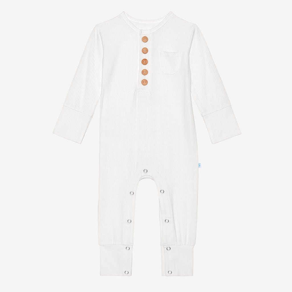 Off White Ribbed Ruffled Henley Romper