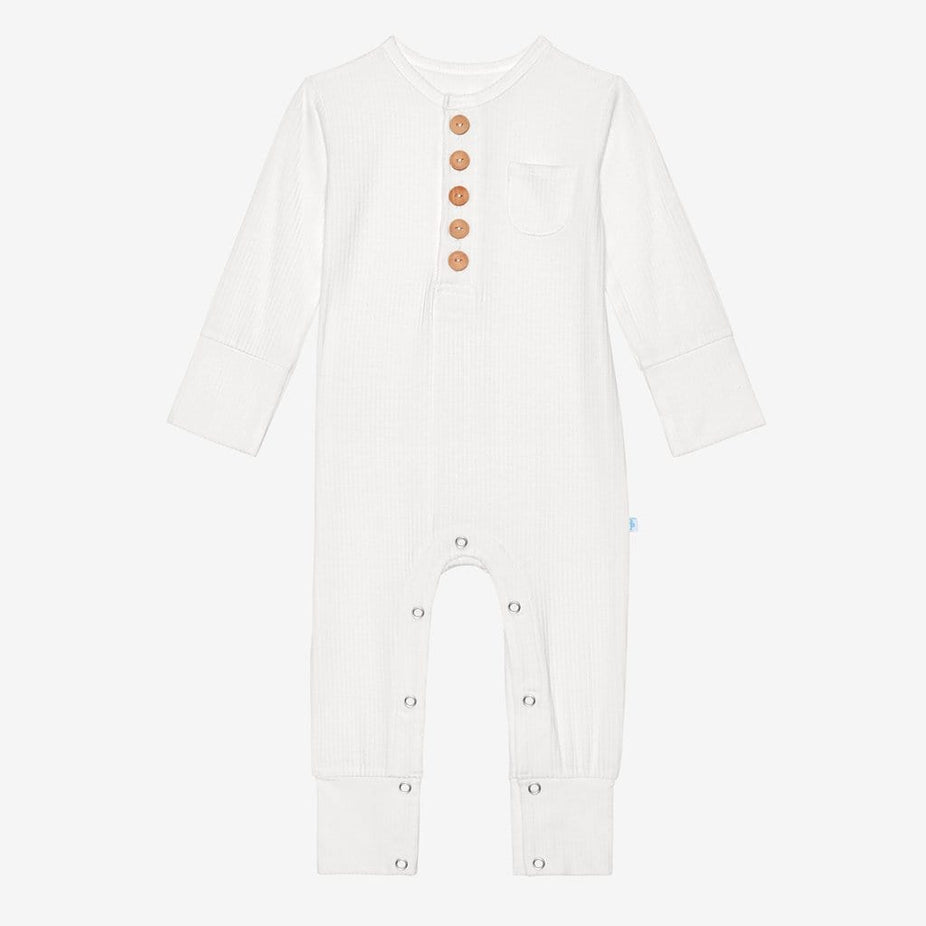 Off White Ribbed Ruffled Henley Romper