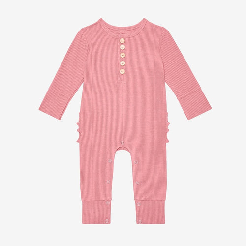 Blush Rose Ribbed Ruffled Henley Romper