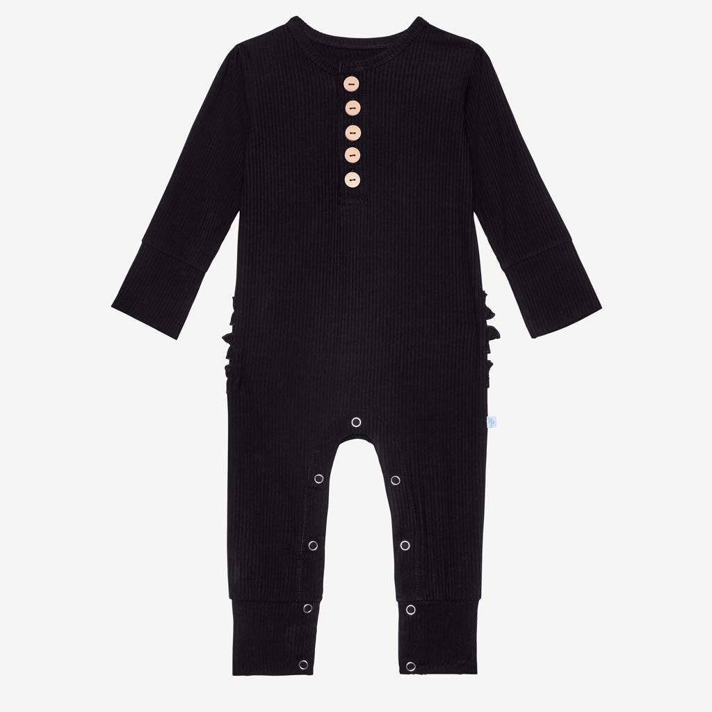 Black Ribbed Ruffled Henley Romper