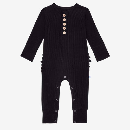 Black Ribbed Ruffled Henley Romper