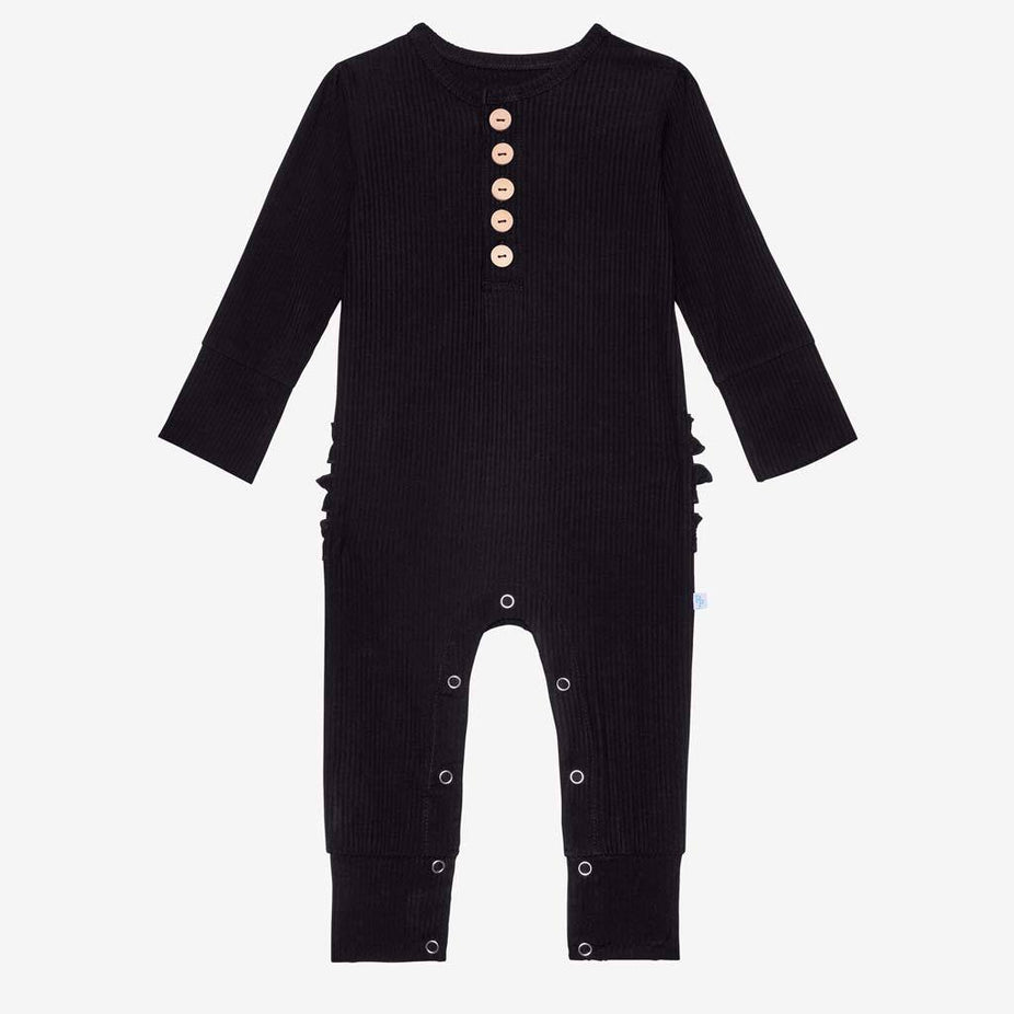 Black Ribbed Ruffled Henley Romper