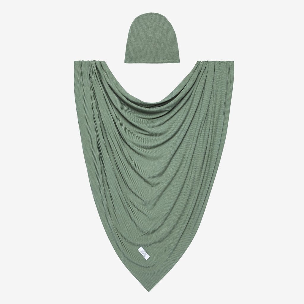 Dark Sage Ribbed Swaddle Beanie Set