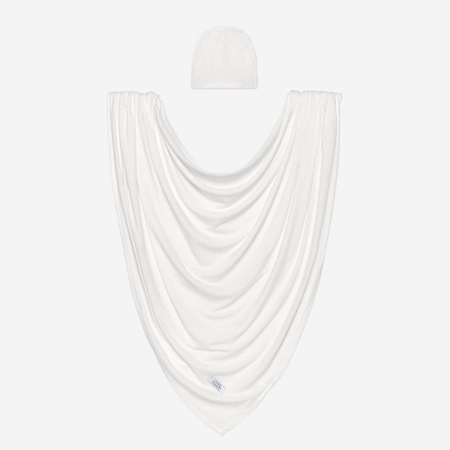 Off White Ribbed Swaddle Beanie Set