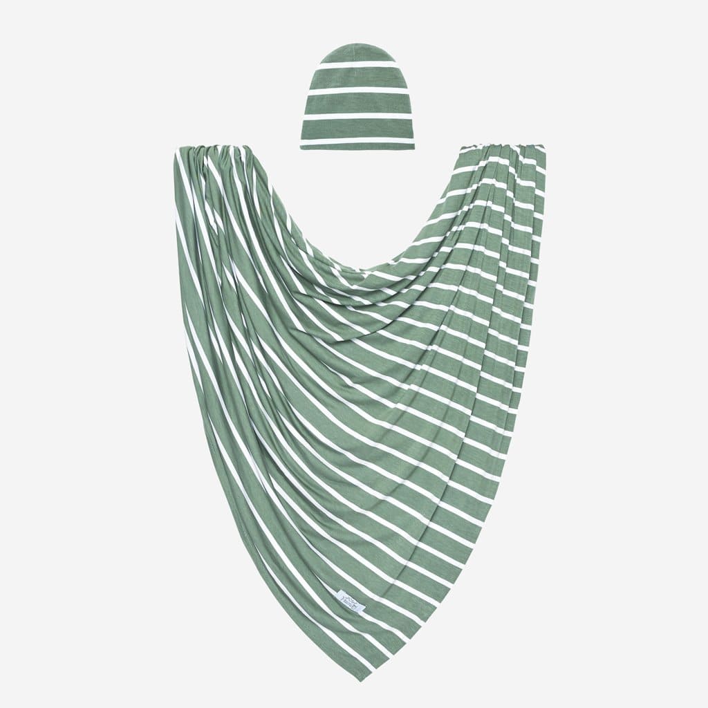 Dark Sage Stripe Swaddle Beanie Set