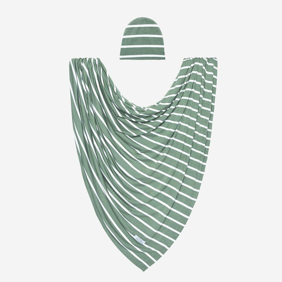 Dark Sage Stripe Swaddle Beanie Set