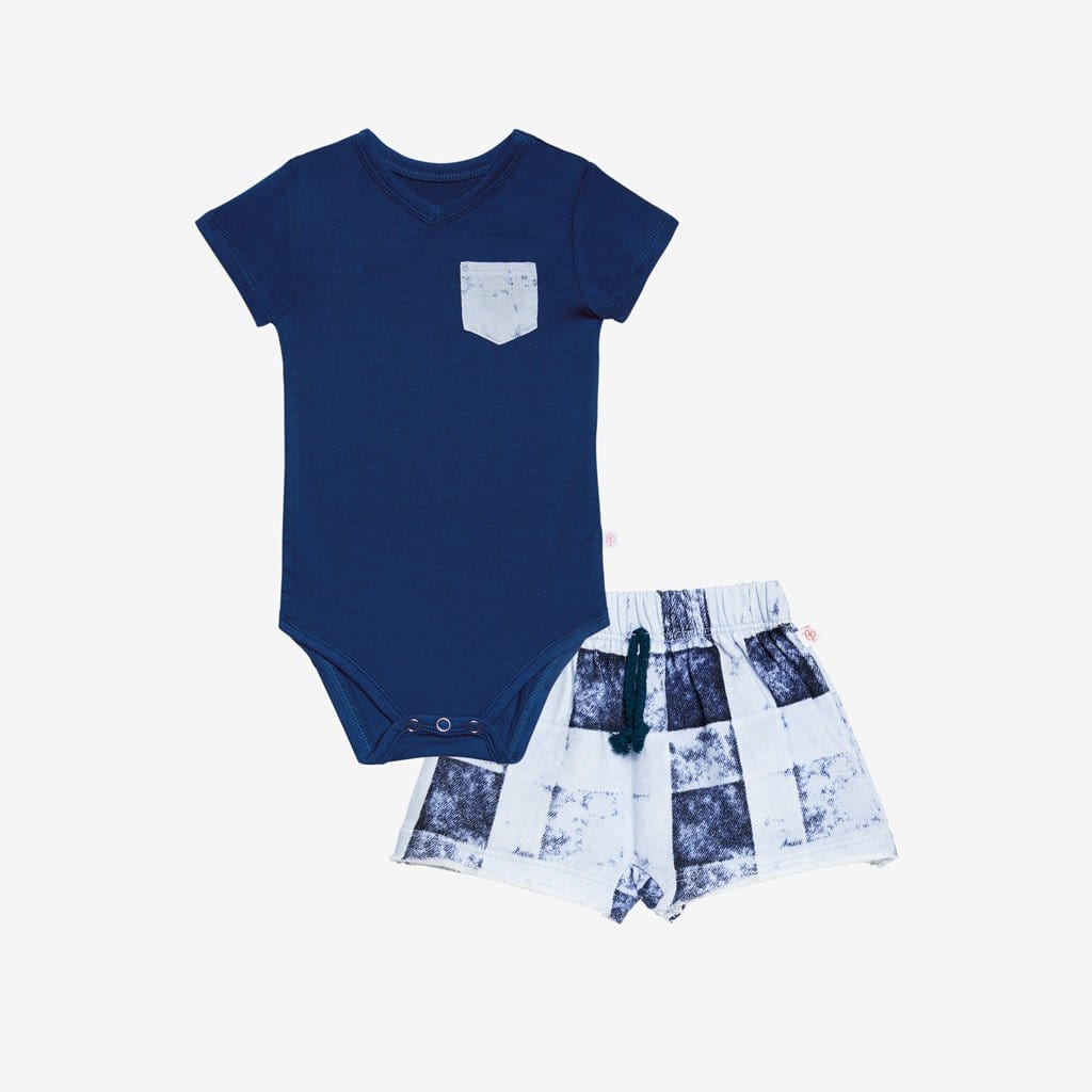 Denim Plaid Terry Shorts, Bodysuit Set