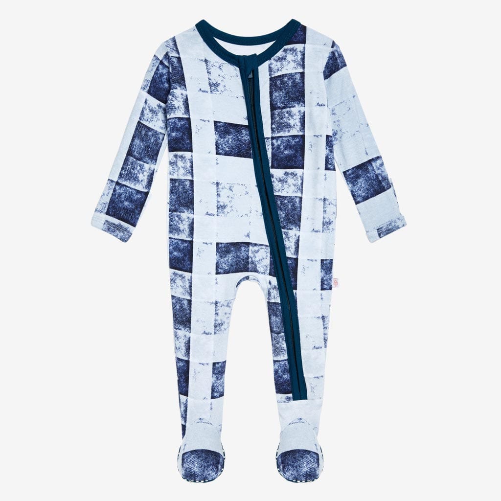 Denim Plaid Footie Zippered One Piece