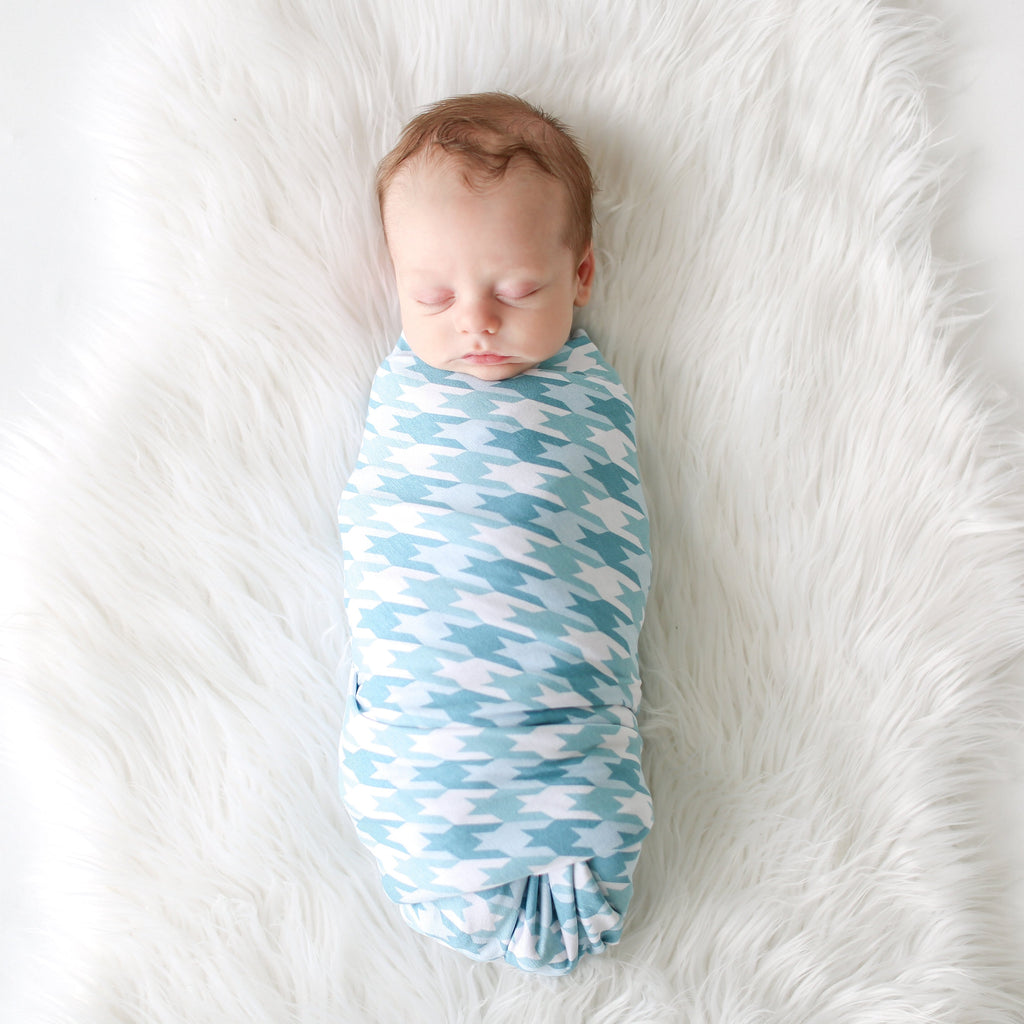 Posh-Peanut-Viscose-Bamboo-Stay-dry-fabric-reliably-chic-and-perfectly-practical-uniquely-designed-of-a-kind-swaddle in teal houndstooth