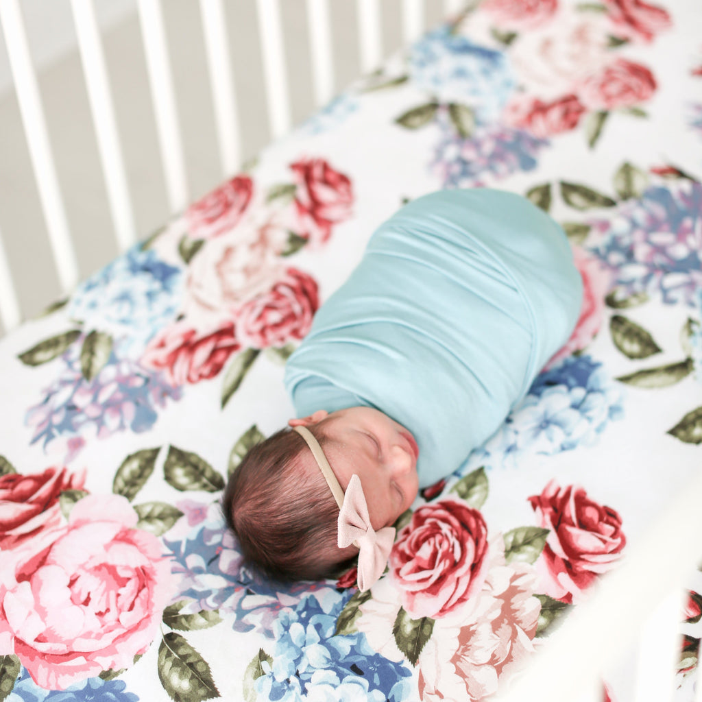 Posh-Peanut-Viscose-Bamboo-Stay-dry-fabric-reliably-chic-and-perfectly-practical-uniquely-designed-of-a-kind-hydrangea crib sheet