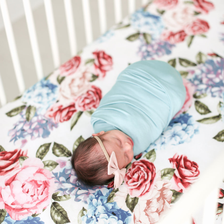Posh-Peanut-Viscose-Bamboo-Stay-dry-fabric-reliably-chic-and-perfectly-practical-uniquely-designed-of-a-kind-hydrangea crib sheet