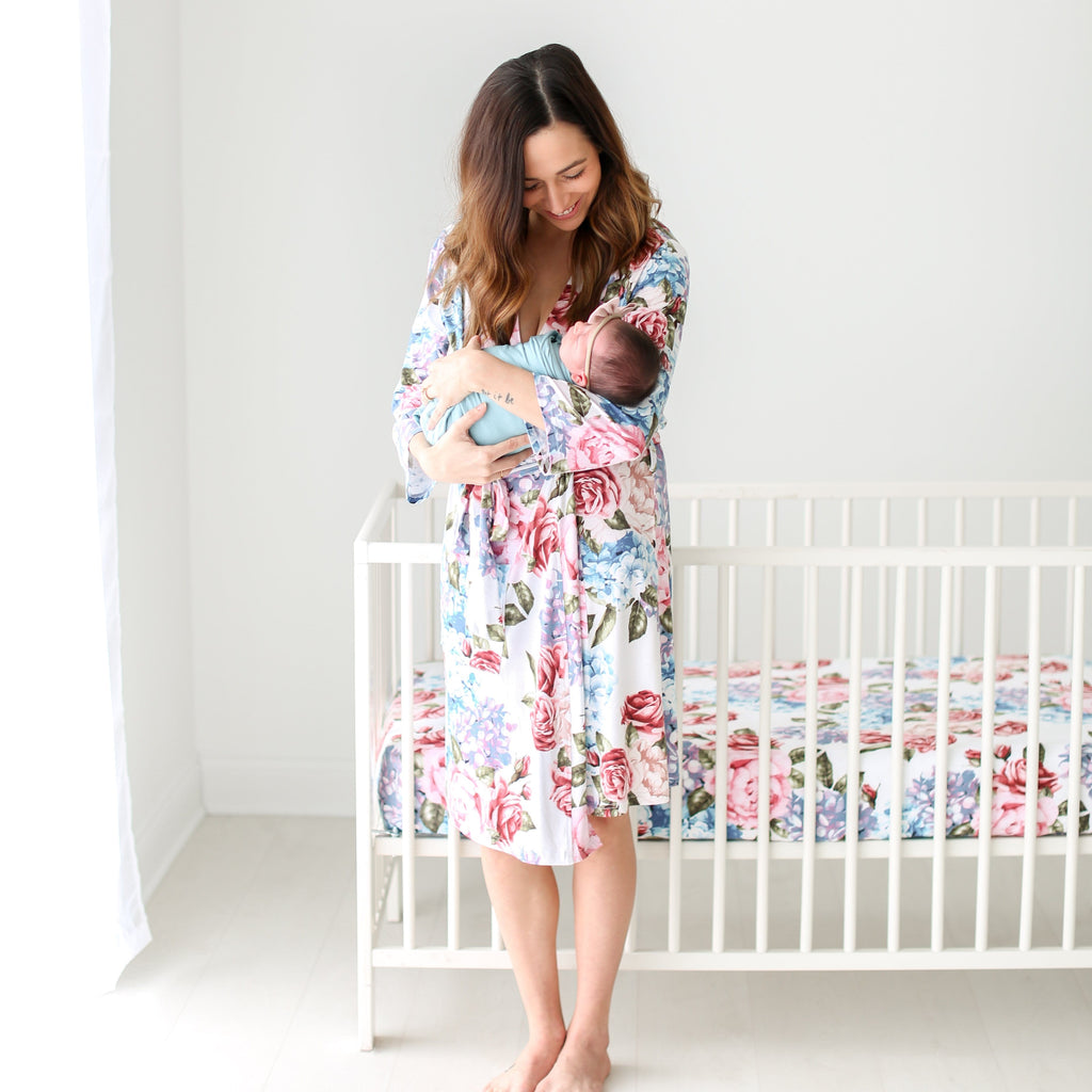 Posh-Peanut-Viscose-Bamboo-Stay-dry-fabric-reliably-chic-and-perfectly-practical-uniquely-designed-of-a-kind-mommy-robe in hydrangea