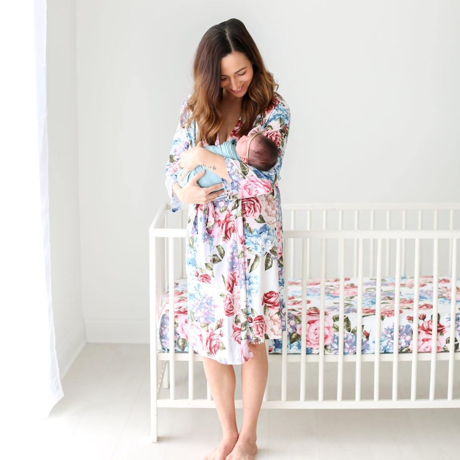 Posh-Peanut-Viscose-Bamboo-Stay-dry-fabric-reliably-chic-and-perfectly-practical-uniquely-designed-of-a-kind-mommy-robe in hydrangea