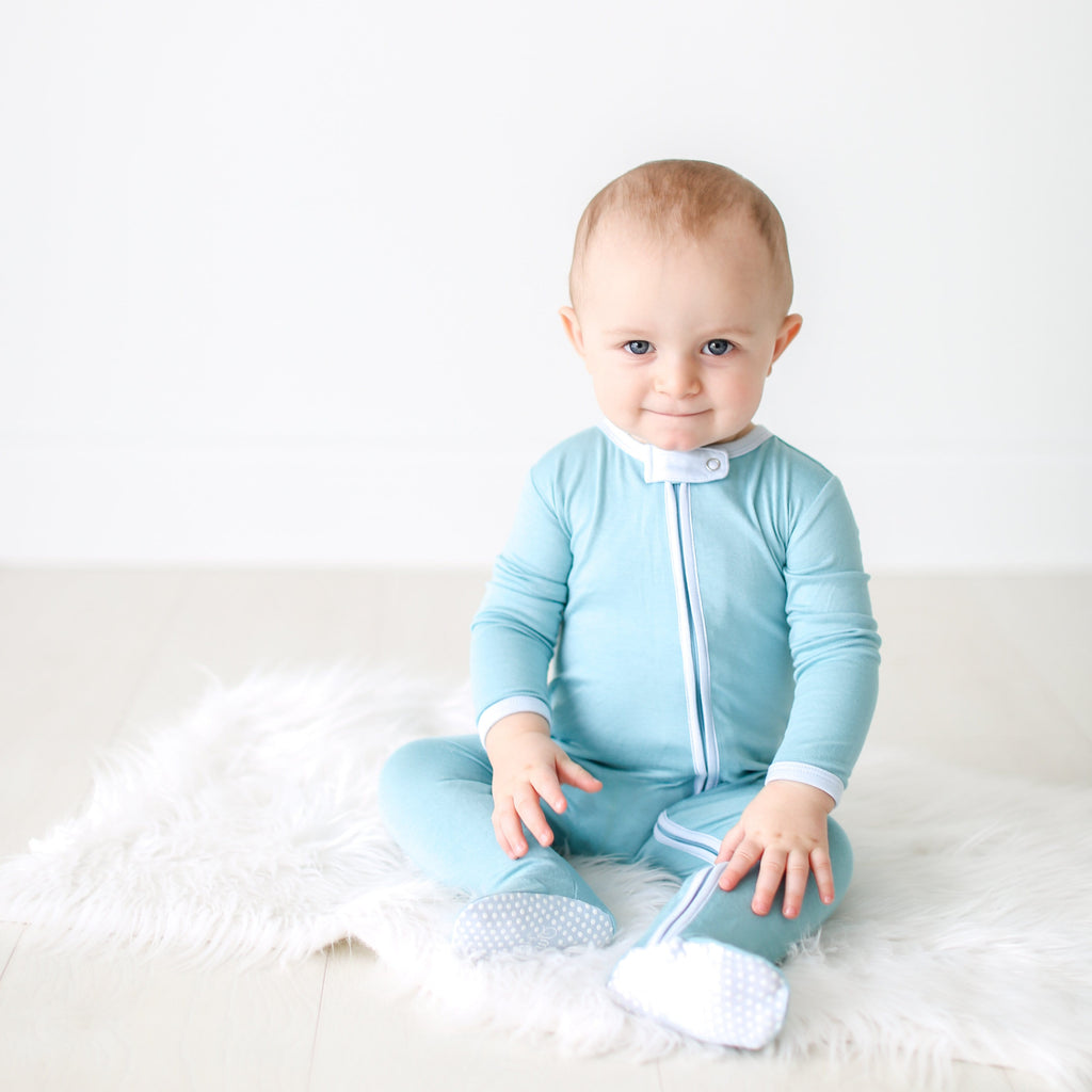 Posh-Peanut-Viscose-Bamboo-Stay-dry-fabric-reliably-chic-and-perfectly-practical-uniquely-designed-of-a-kind zippered one piece footie-in-teal