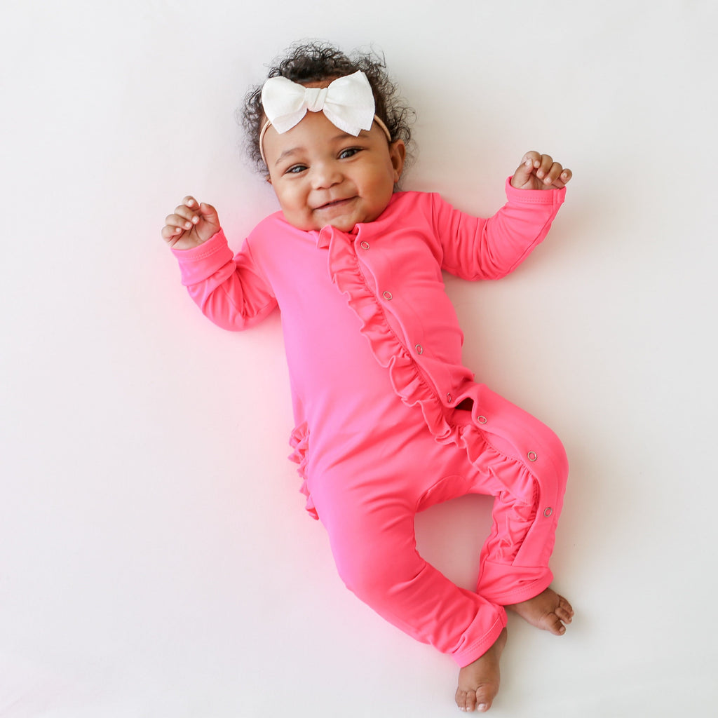 Neon Pink Ruffled Snap One Piece