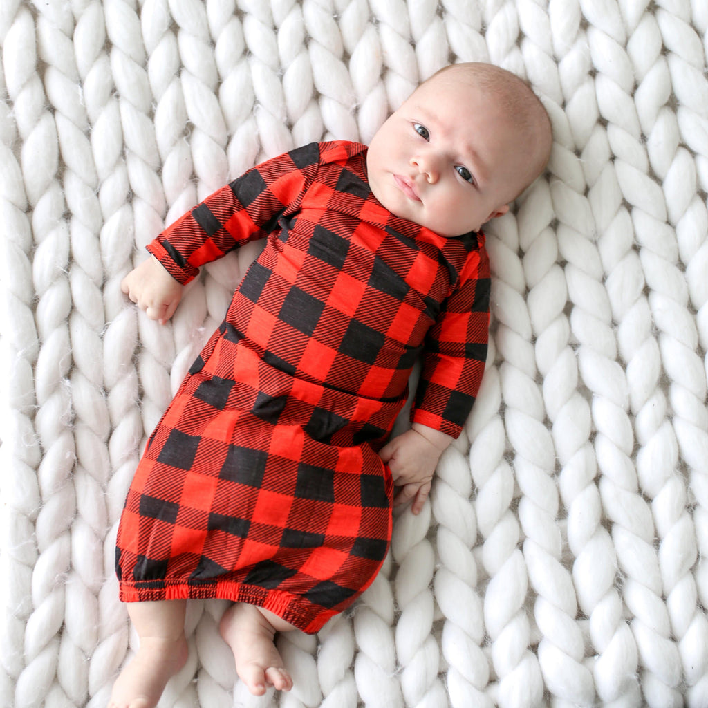 Posh-Peanut-Viscose-Bamboo-Stay-dry-fabric-reliably-chic-and-perfectly-practical-uniquely-designed-of-a-kind-baby gown in buffalo check