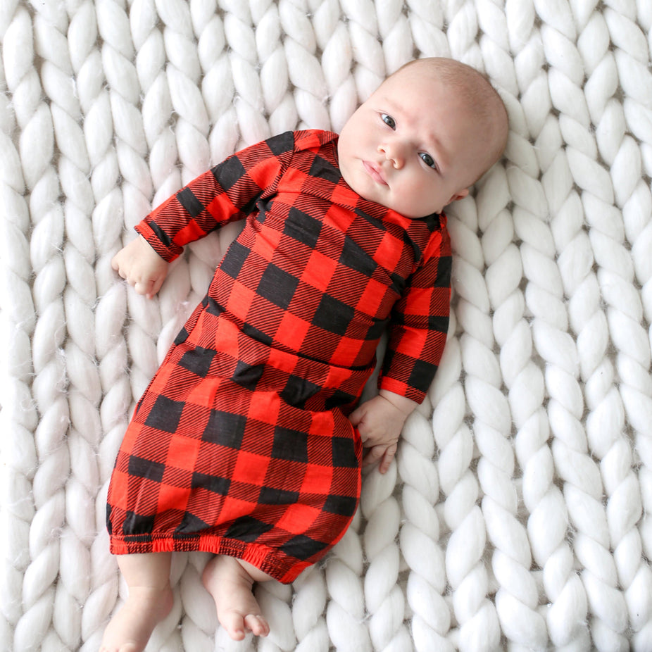 Posh-Peanut-Viscose-Bamboo-Stay-dry-fabric-reliably-chic-and-perfectly-practical-uniquely-designed-of-a-kind-baby gown in buffalo check
