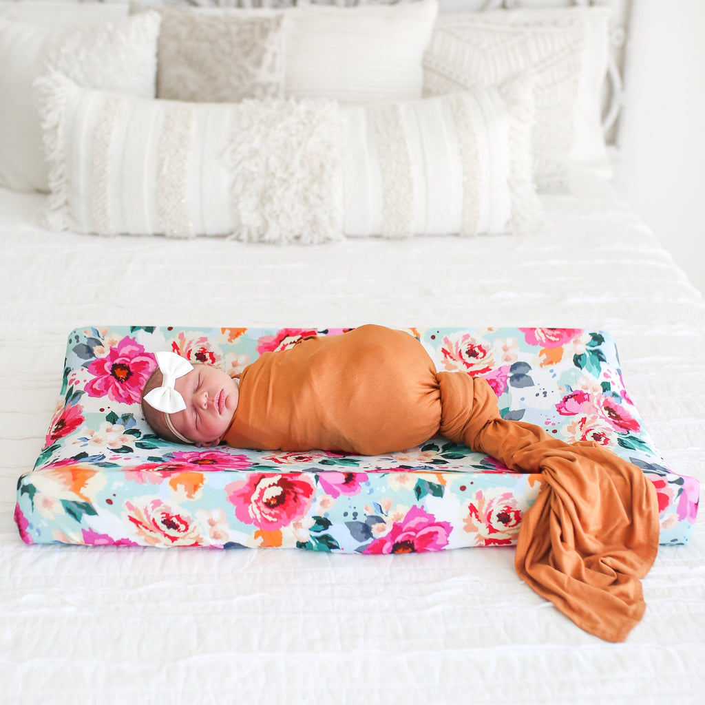 Posh-Peanut-Viscose-Bamboo-Stay-dry-fabric-reliably-chic-and-perfectly-practical-uniquely-designed-of-a-kind crib sheet in fuchsia wildflower