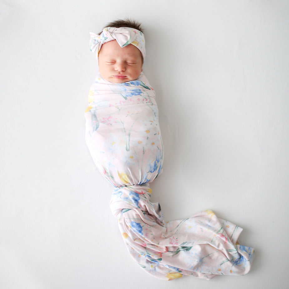 Posh-Peanut-Viscose-Bamboo-Stay-dry-fabric-reliably-chic-and-perfectly-practical-uniquely-designed-of-a-kind-wild spring floral baby swaddle