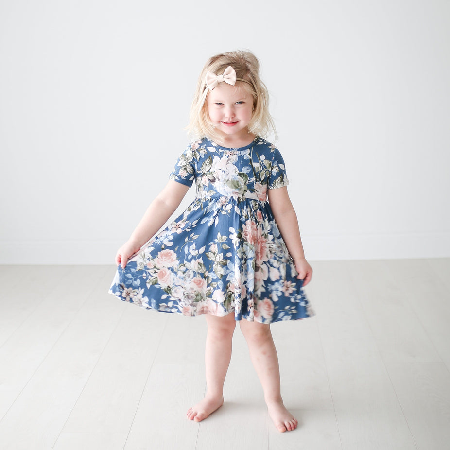 Posh-Peanut-Viscose-Bamboo-Stay-dry-fabric-reliably-chic-and-perfectly-practical-uniquely-designed-of-a-kind-twirl dress in blue rose