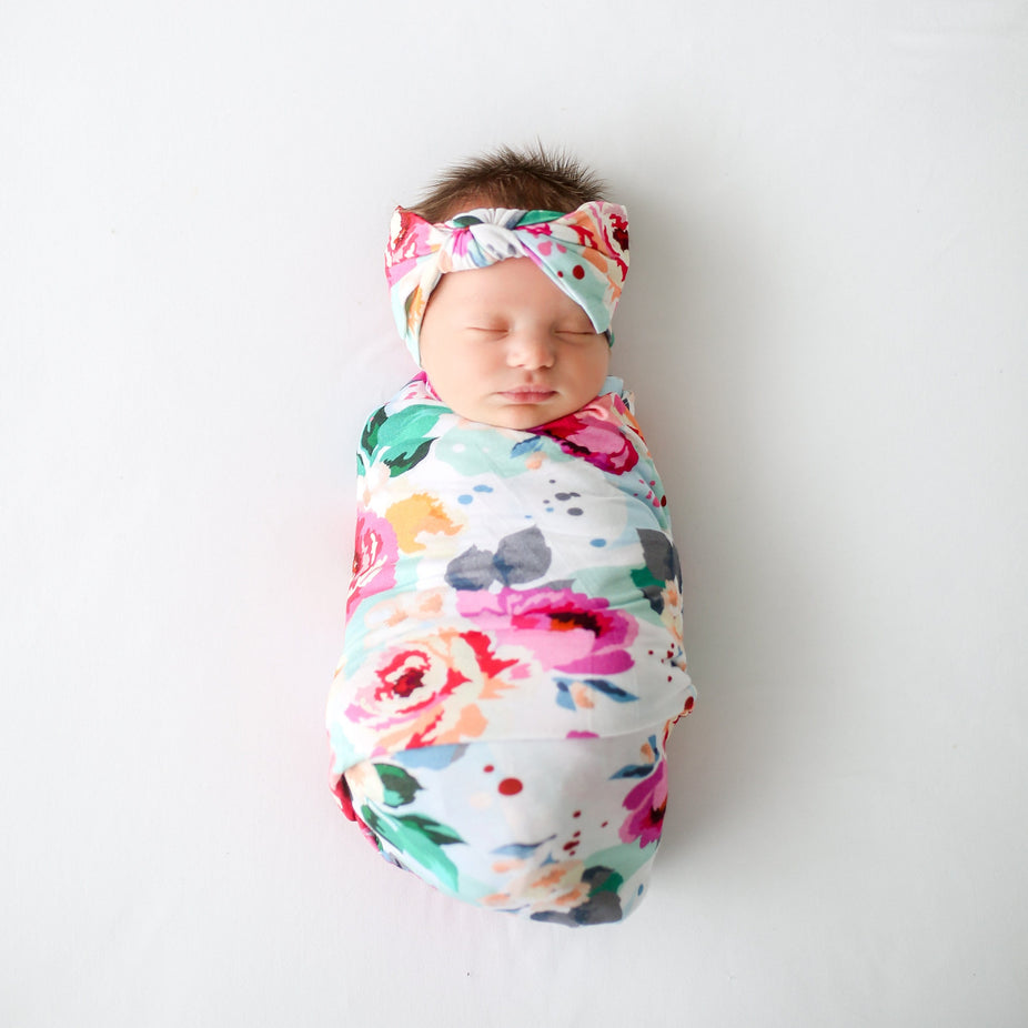 Posh-Peanut-Viscose-Bamboo-Stay-dry-fabric-reliably-chic-and-perfectly-practical-uniquely-designed-of-a-kind-swaddle and headwrap set in fuchsia wild flower