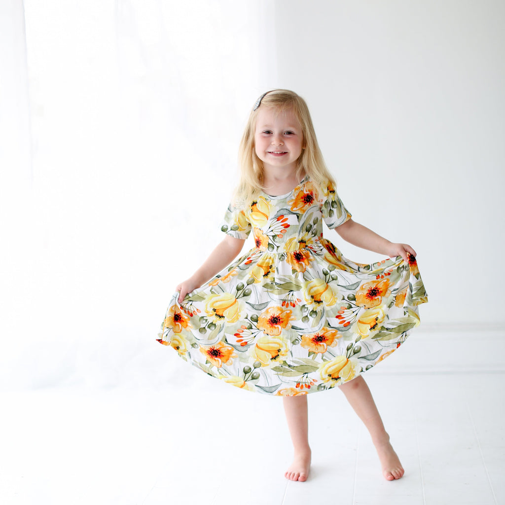 Mustard Orange Floral Twirl Dress