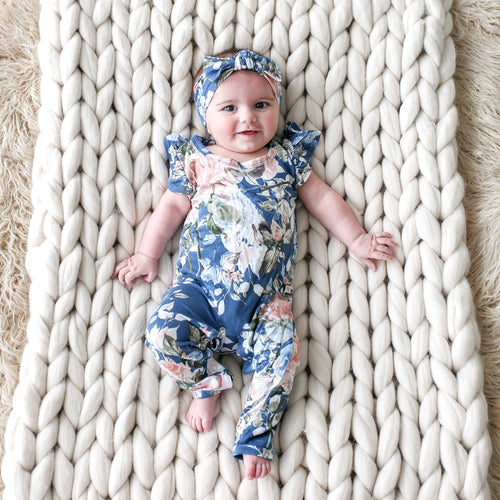 Posh-Peanut-Viscose-Bamboo-Stay-dry-fabric-reliably-chic-and-perfectly-practical-uniquely-designed-of-a-kind-Romper in blue rose