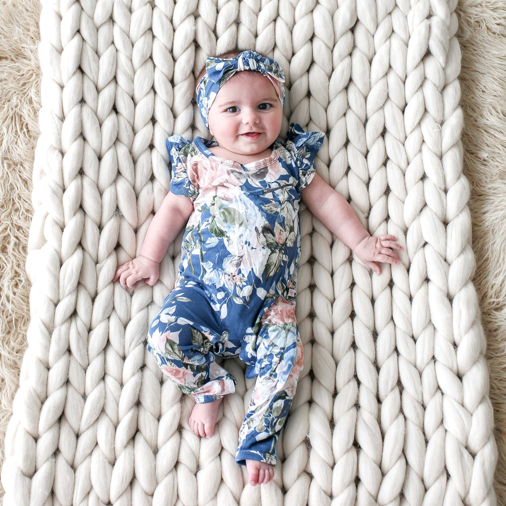 Posh-Peanut-Viscose-Bamboo-Stay-dry-fabric-reliably-chic-and-perfectly-practical-uniquely-designed-of-a-kind-Romper in blue rose