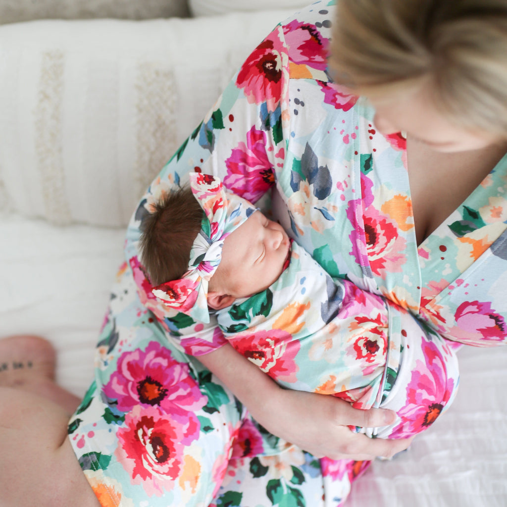 Posh-Peanut-Viscose-Bamboo-Stay-dry-fabric-reliably-chic-and-perfectly-practical-uniquely-designed-of-a-kind-mommy robe in fuchsia wild flower
