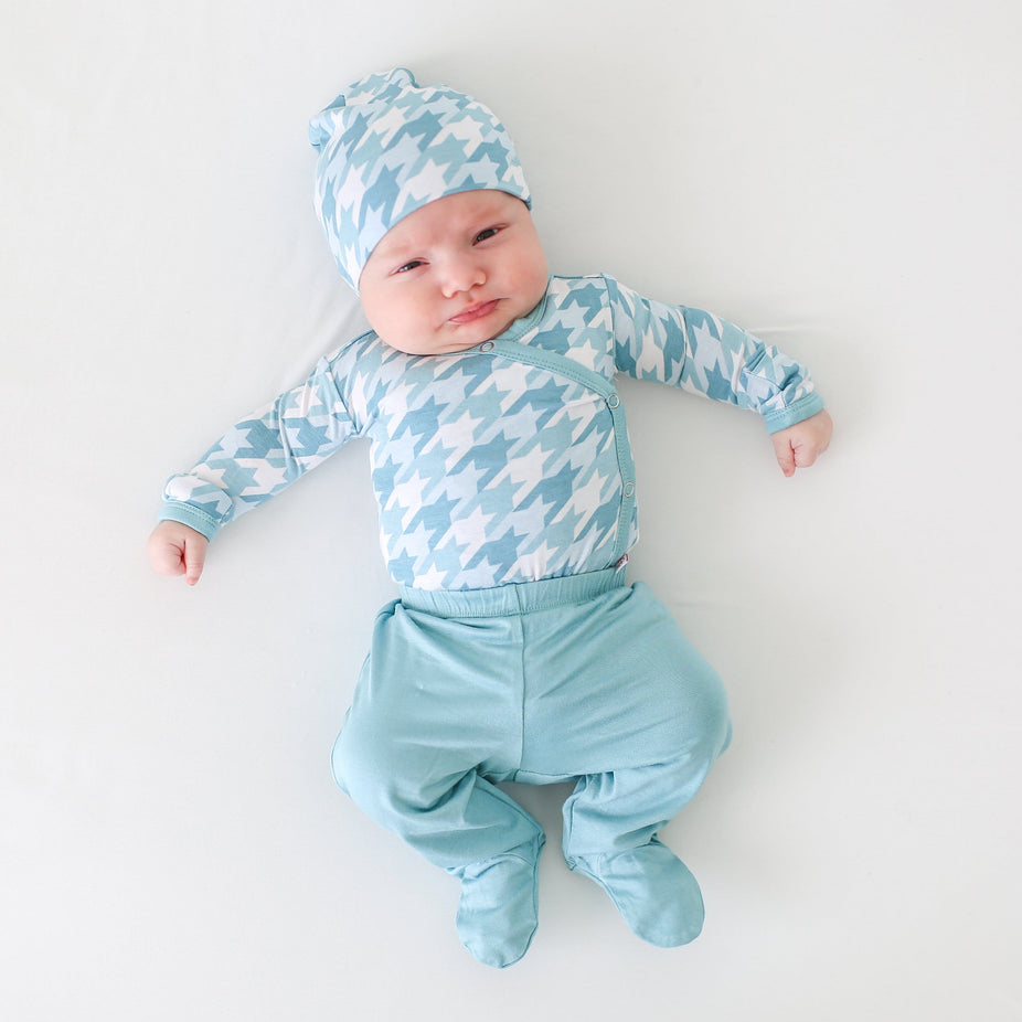 Posh-Peanut-Viscose-Bamboo-Stay-dry-fabric-reliably-chic-and-perfectly-practical-uniquely-designed-of-a-kind teal houndstooth romper with jogger and beanie