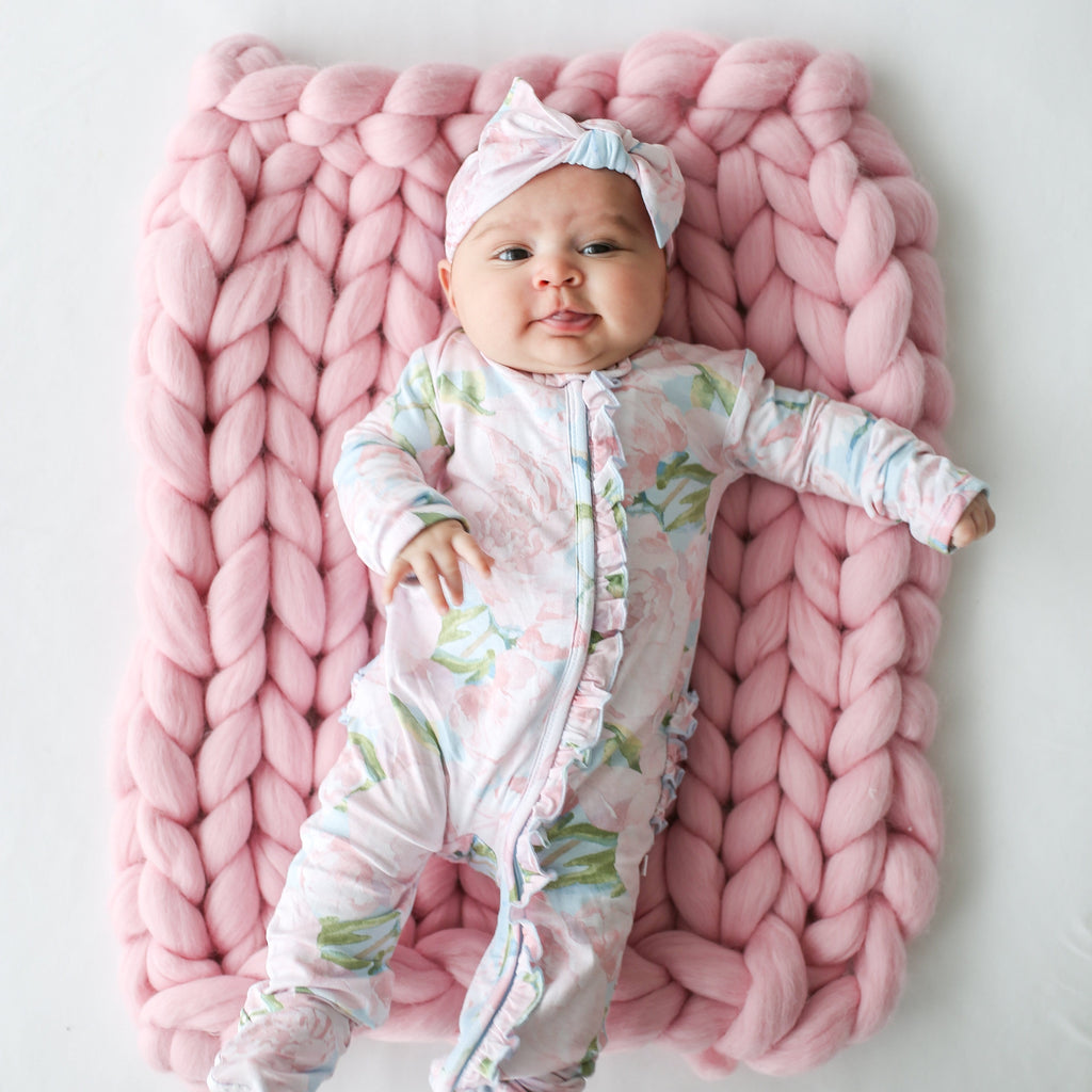 Posh-Peanut-Viscose-Bamboo-Stay-dry-fabric-reliably-chic-and-perfectly-practical-uniquely-designed-of-a-kind-pink peony ruffle zippered one piece romper