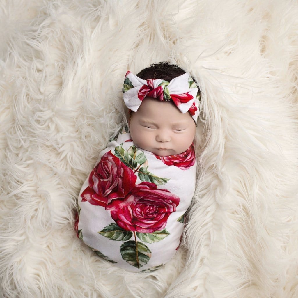 baby swaddle in rose for girl,Posh-Peanut-Viscose-Bamboo-Stay-dry-fabric-reliably-chic-and-perfectly-practical-uniquely-designed-of-a-kind-red-rose-swaddle-set
