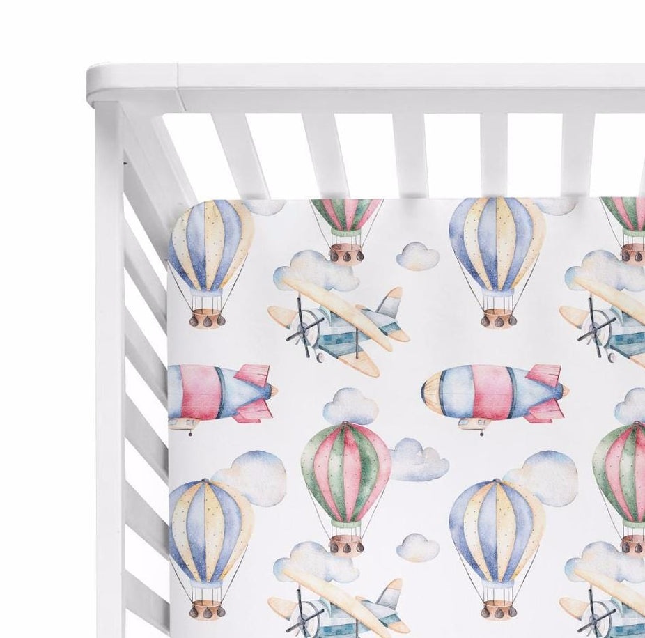 Vintage Airplane and Hot Air Balloon Crib Sheet
