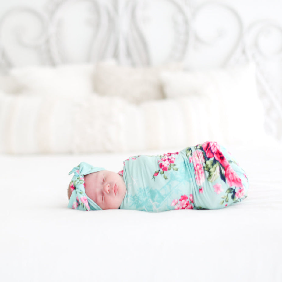 Aqua Floral Swaddle Headband Set