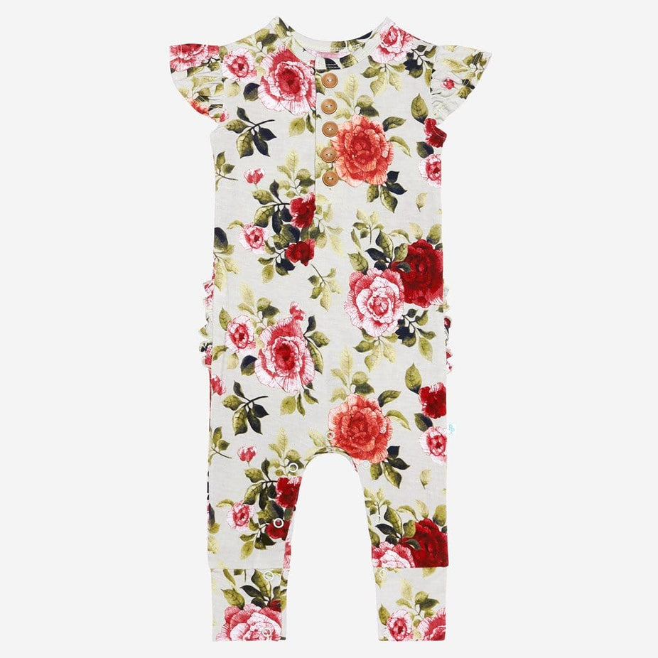 Lizzie ruffled cap sleeve henley romper