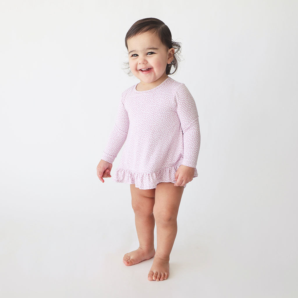 Pastel Orchid Polka Dot Long Sleeve Bubble Romper Dress