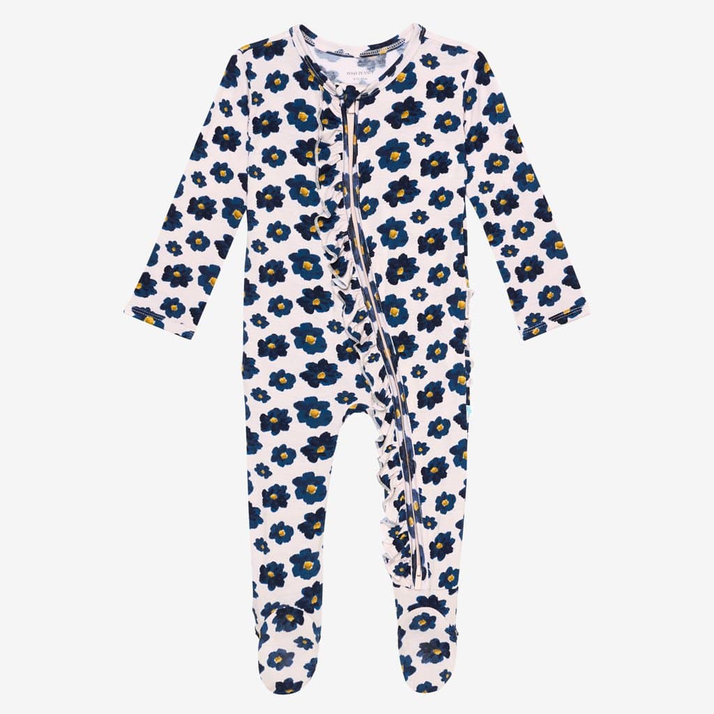 Alexa blue floral print footie ruffled zippered one piece