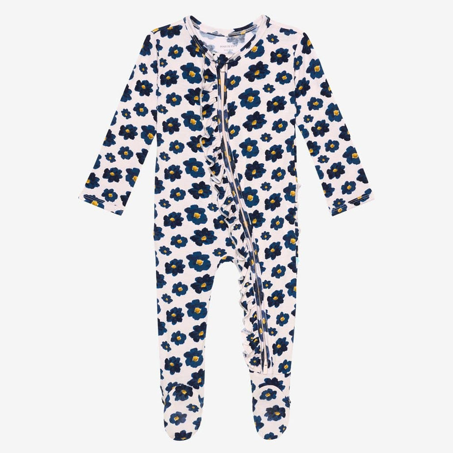 Alexa blue floral print footie ruffled zippered one piece