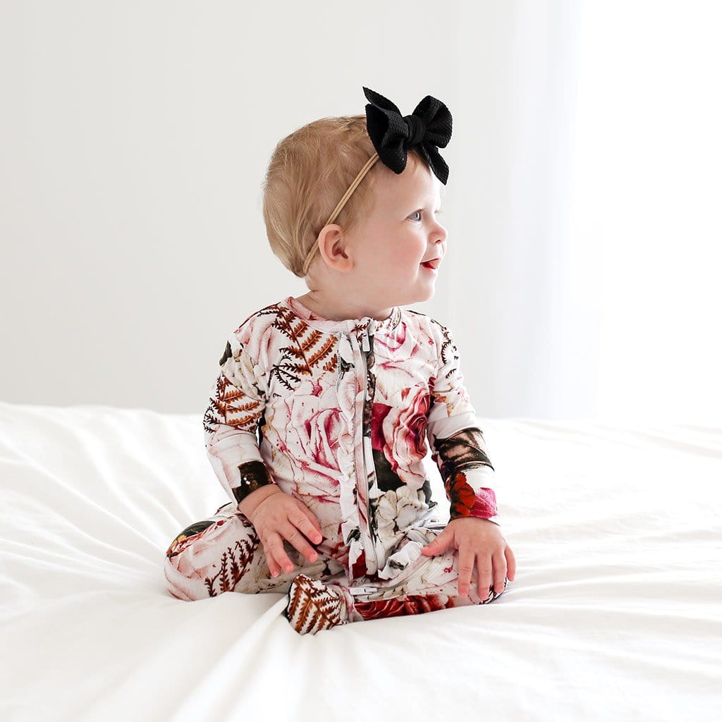 Black Rose Footie Ruffled Zippered One Piece