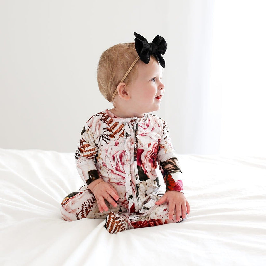 Black Rose Footie Ruffled Zippered One Piece