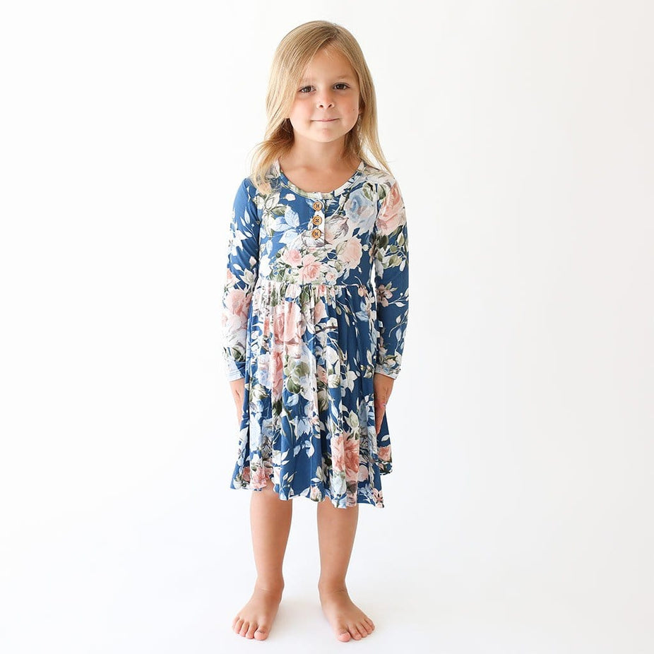 Blue Rose Long Sleeve Henley Twirl Dress
