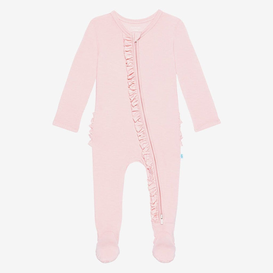 Front of blush ruffled one piece footie