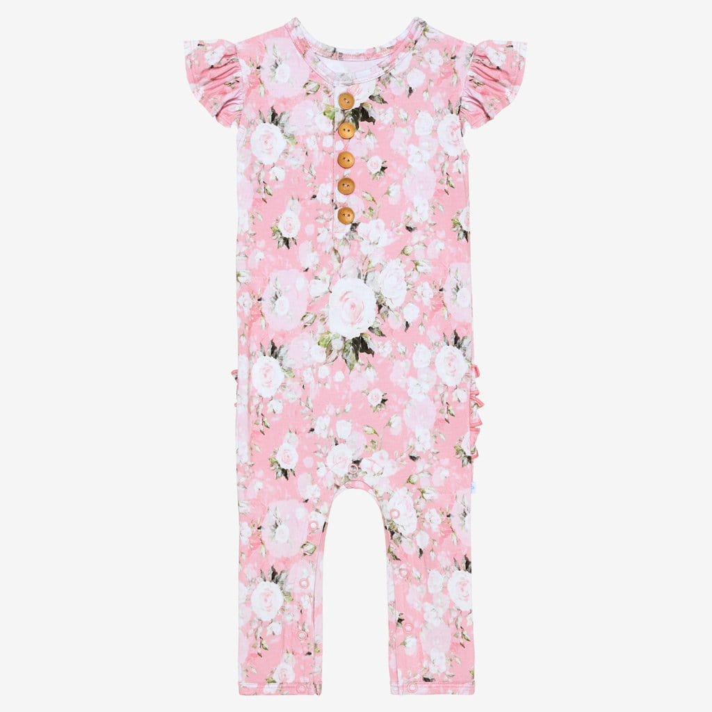 Emma ruffled cap sleeve henley romper