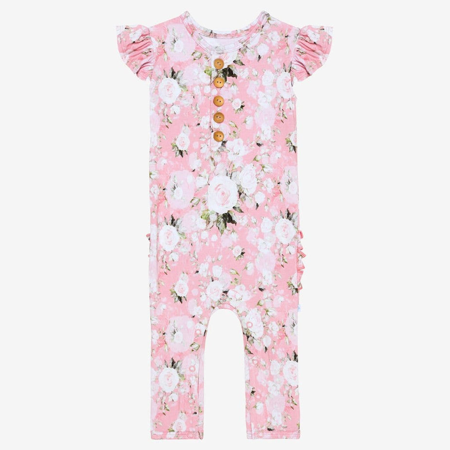 Emma ruffled cap sleeve henley romper