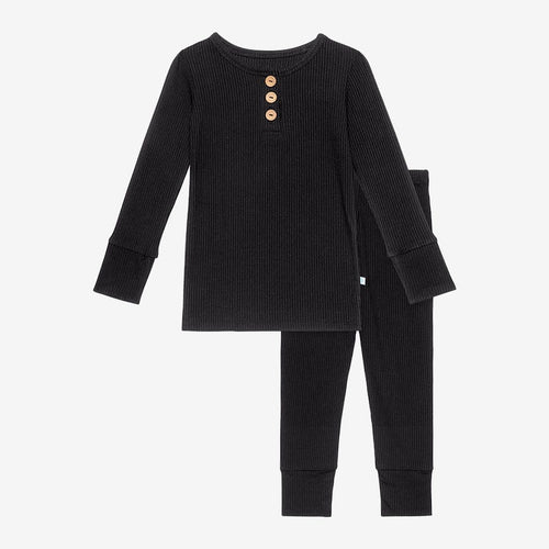 Black Ribbed Long Sleeve Henley Pajamas
