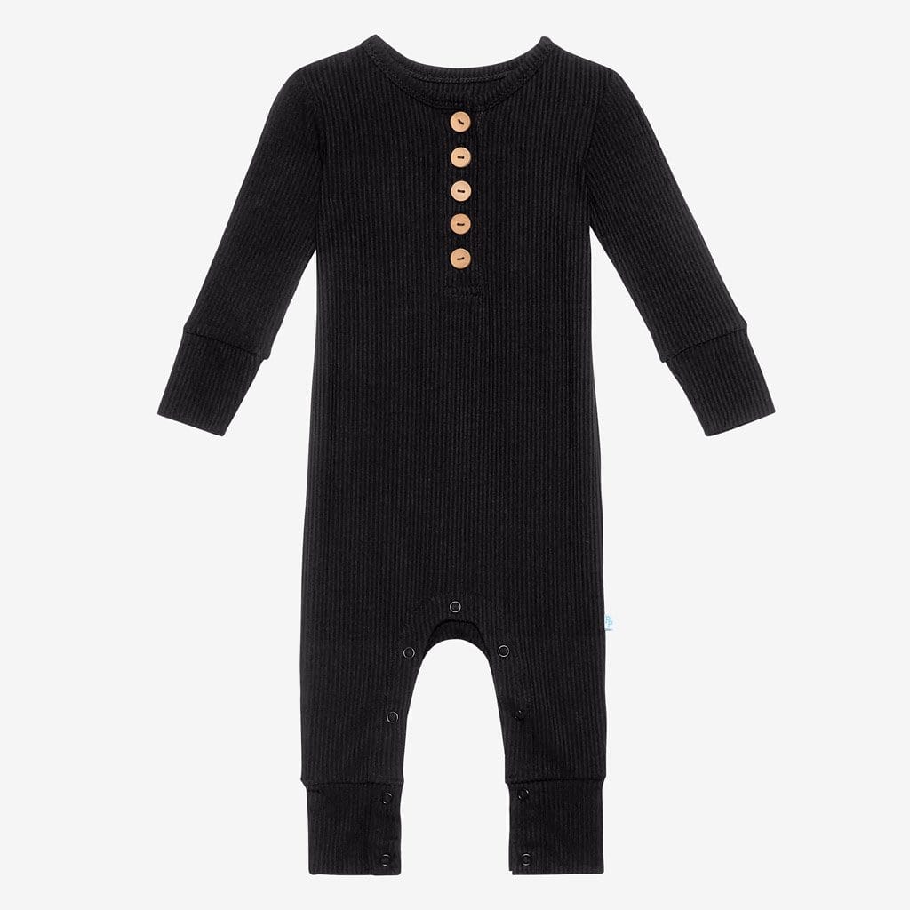 Black Ribbed Long Sleeve Henley Romper
